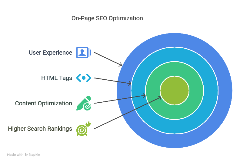 On-page SEO optimization visual showing user experience, HTML tags, content optimization, and higher search rankings