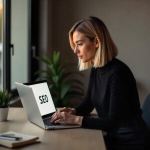 A focused young woman working on SEO strategies on her laptop at a desk near a window.