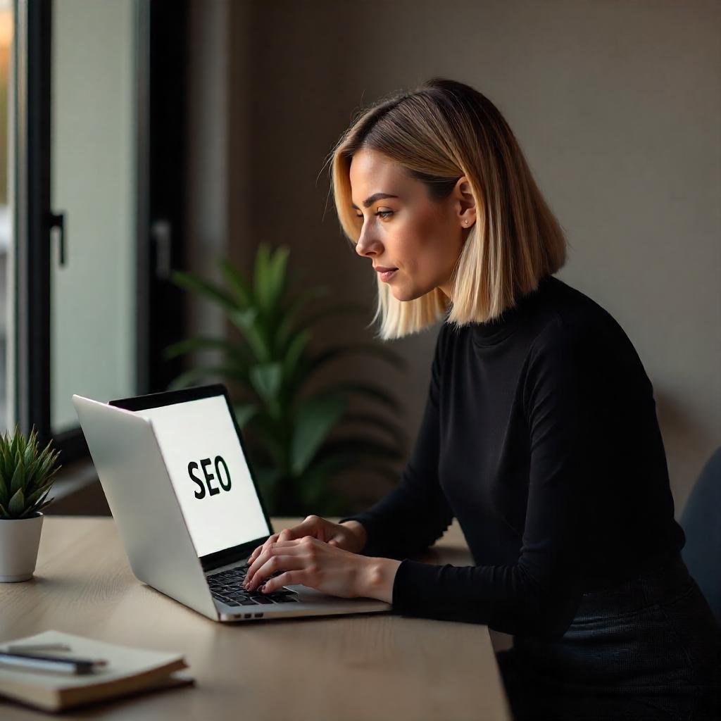 A focused young woman working on SEO strategies on her laptop at a desk near a window.
