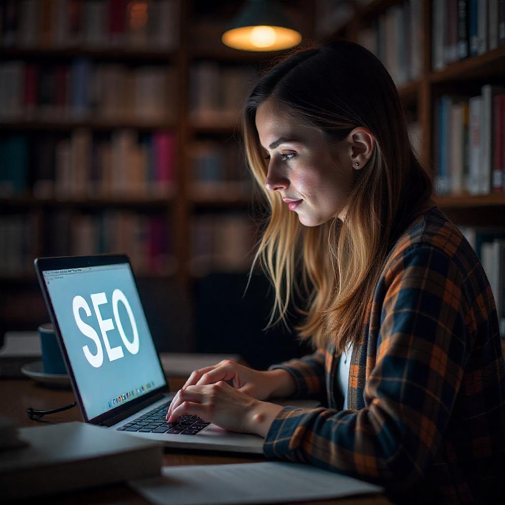 A young woman working on a laptop displaying the word "SEO" in large letters, seated in a library or study space.