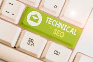 Green key labeled "Technical SEO" on a white keyboard, symbolizing digital strategy, optimization, and online performance.