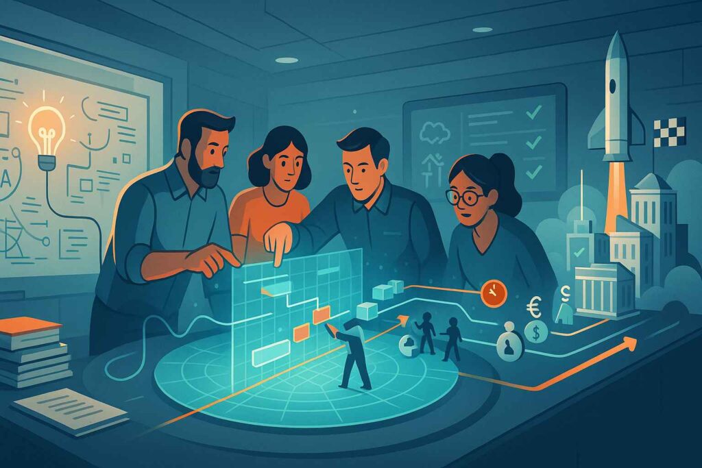 A diverse group of professionals collaborates around a digital project management interface, with futuristic elements such as a rocket launch, financial icons, and innovation symbols in the background.