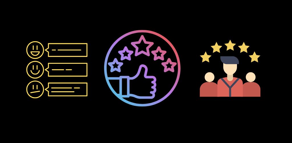 Three colorful icons on a black background: a list of smiley, neutral, and sad faces with speech bubbles; a thumbs-up surrounded by five stars; and three people with five stars above them, representing customer feedback, satisfaction, and experience.