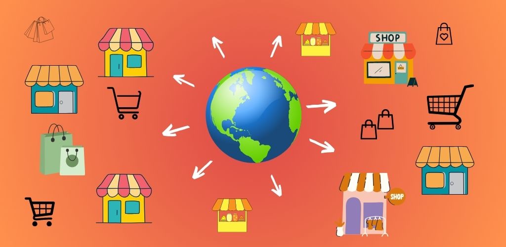a globe with orange hue, little shop icons around to represent expansion of the business