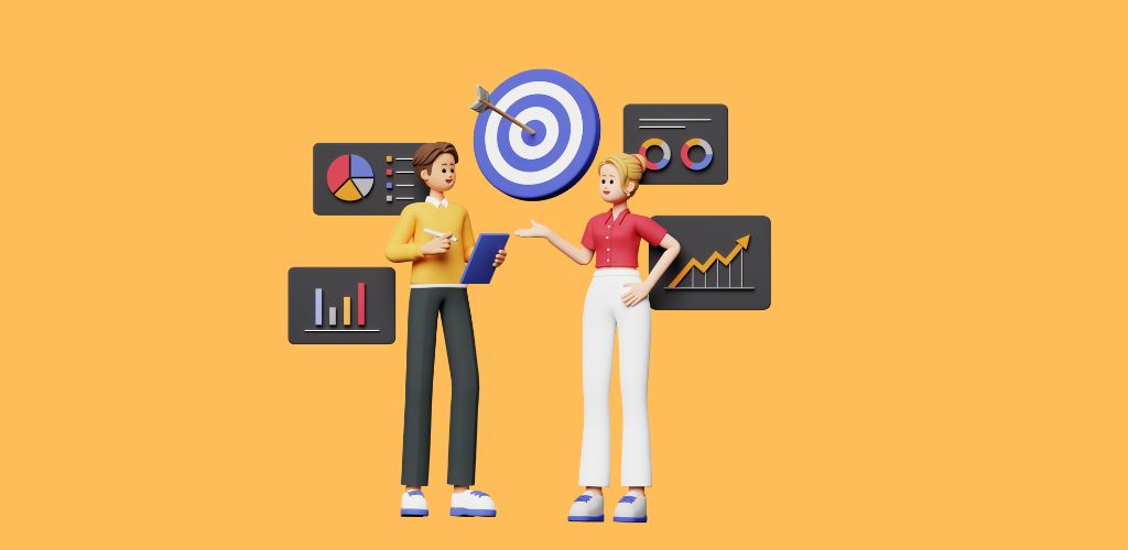 two corporate colleagues discussing digital marketing strategy