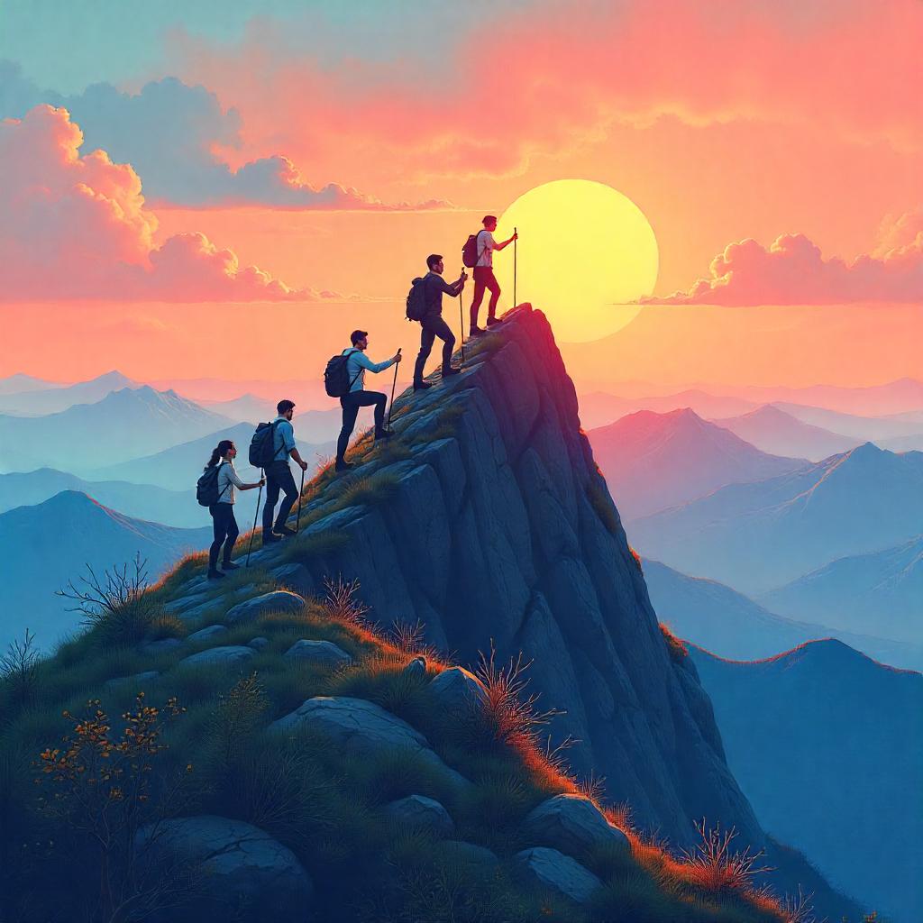 A group of five hikers climbing a steep mountain peak at sunset, with the sun glowing behind them and layers of mountains in the background.