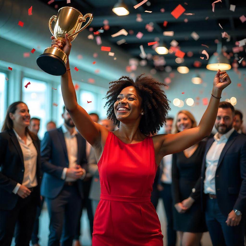 A joyful woman in a red dress holding up a trophy in celebration, surrounded by smiling colleagues and falling confetti in a modern office setting.