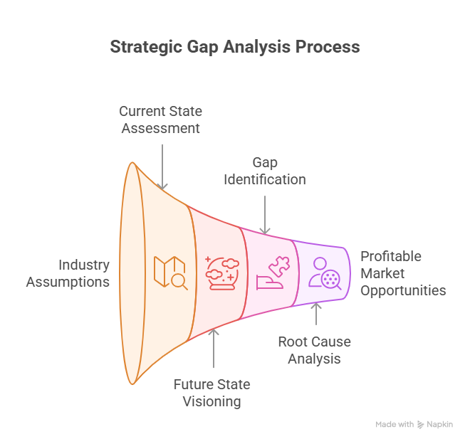 Funnel diagram showing the strategic gap analysis process from industry assumptions to profitable market opportunities.
