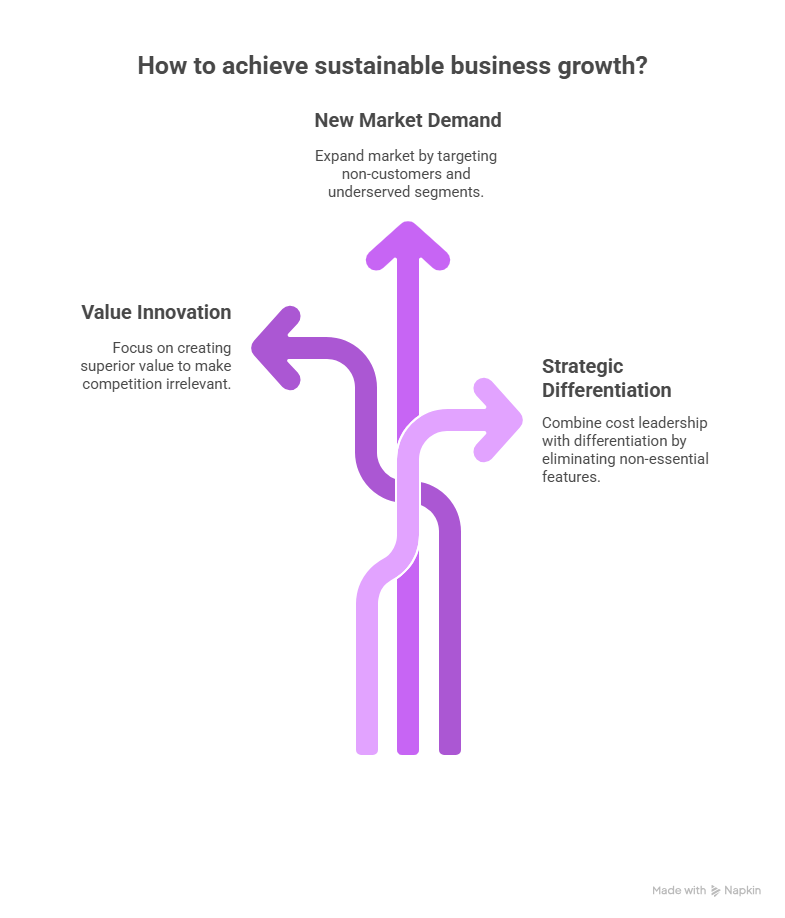 Diagram showing three strategic paths to sustainable business growth: value innovation, new market demand, and strategic differentiation.