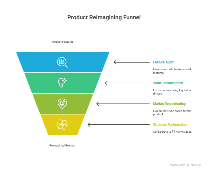 Funnel diagram illustrating four stages of product reimagining: feature audit, value enhancement, market repositioning, and strategic partnerships.