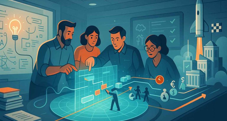 project management A diverse group of professionals collaborates around a digital project management interface, with futuristic elements such as a rocket launch, financial icons, and innovation symbols in the background.
