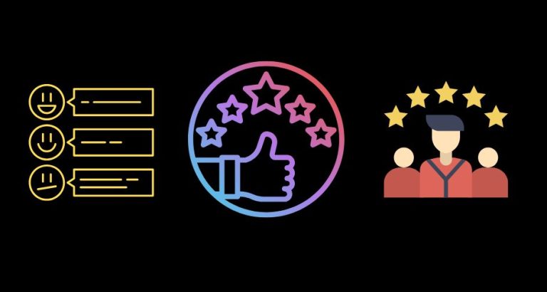 CX Three colorful icons on a black background: a list of smiley, neutral, and sad faces with speech bubbles; a thumbs-up surrounded by five stars; and three people with five stars above them, representing customer feedback, satisfaction, and experience.