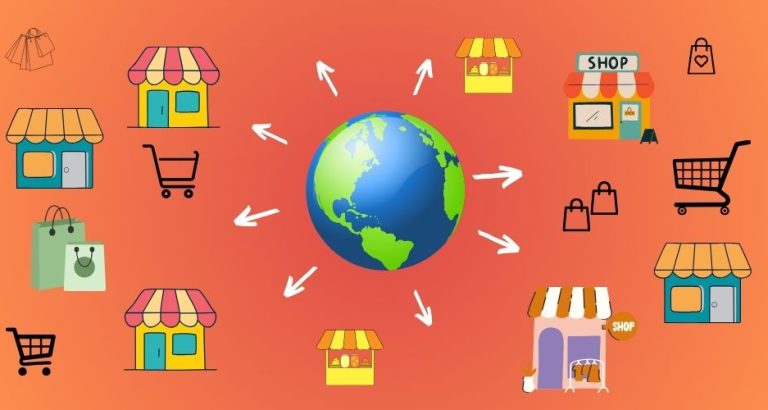 business expansion a globe with orange hue, little shop icons around to represent expansion of the business