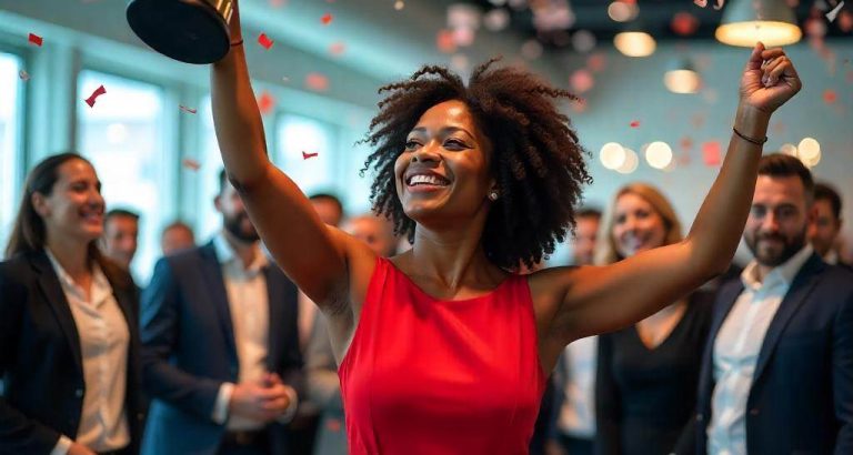 sales winner A joyful woman in a red dress holding up a trophy in celebration, surrounded by smiling colleagues and falling confetti in a modern office setting.